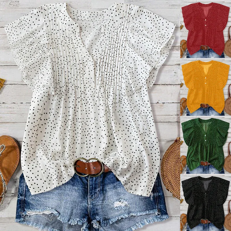 

Новинка 2023 года, женская рубашка, пуловер с v-образным вырезом и цветочными пуговицами, плиссированный топ с короткими рукавами, модные повседневные универсальные блузки для девочек