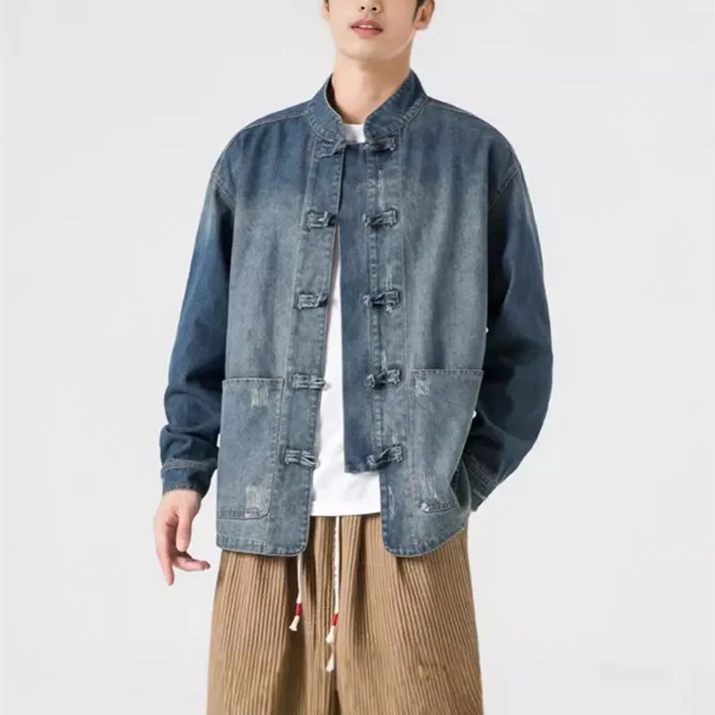 

Loose Fit Men's Denim Jaet Spring Autumn Busin Casual Sle Long Sve Coat with kets Straight Hemline Youth Faion