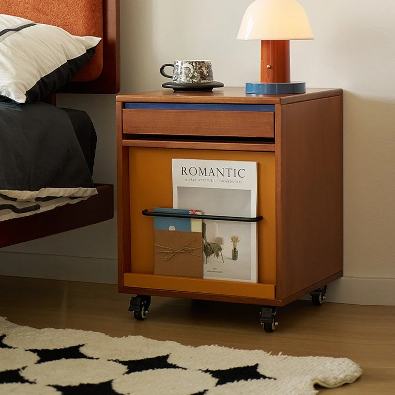 

Solid wood antique style bedside simple bedroom household integrated locker with wheels can be moved