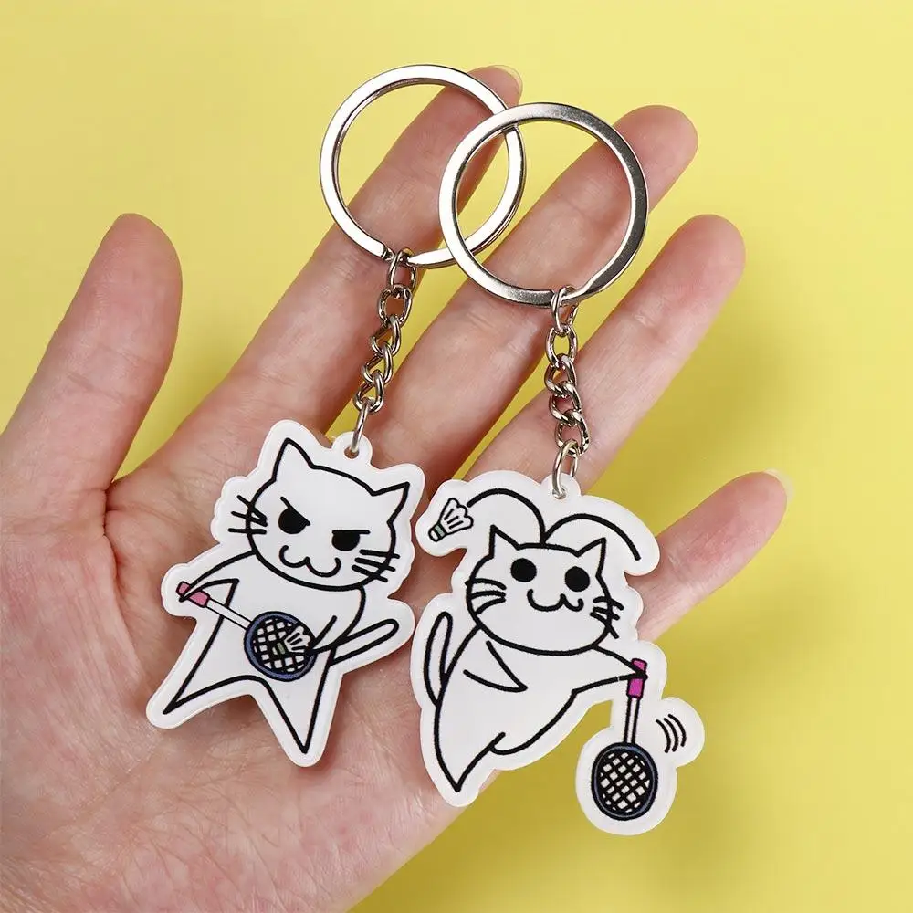 Cat Play Badminton Badminton Keyring Acrylic DIY Badminton Keychain Cute Double Sided Badminton Key Chains Friend Gift