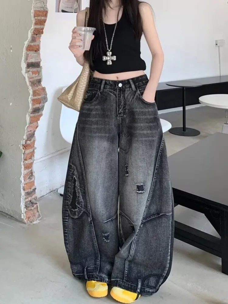 

American Retro Full Length Street Jean Women's Grunge Hip-hop Pockets Baggy Mop Pants Emo Casual Y2K Ripped Denim Trouser