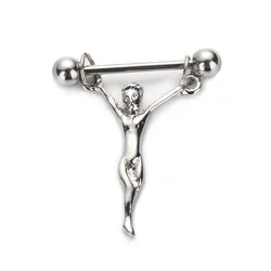 WKOUD 1Pc Stainless Steel Nipple Piercing Statue Jesus Nipple Barbells Chains Statue Of Jesus Nipple Shields Bars Body Jewelry