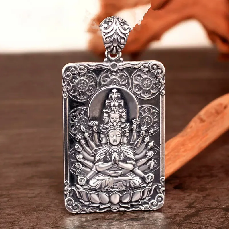 Thousand-handed Avalokitesvara Tathagata Pendant Male Blessing Amulet Trendy 925 Silver Chain Necklace For Men Guardian Buddha