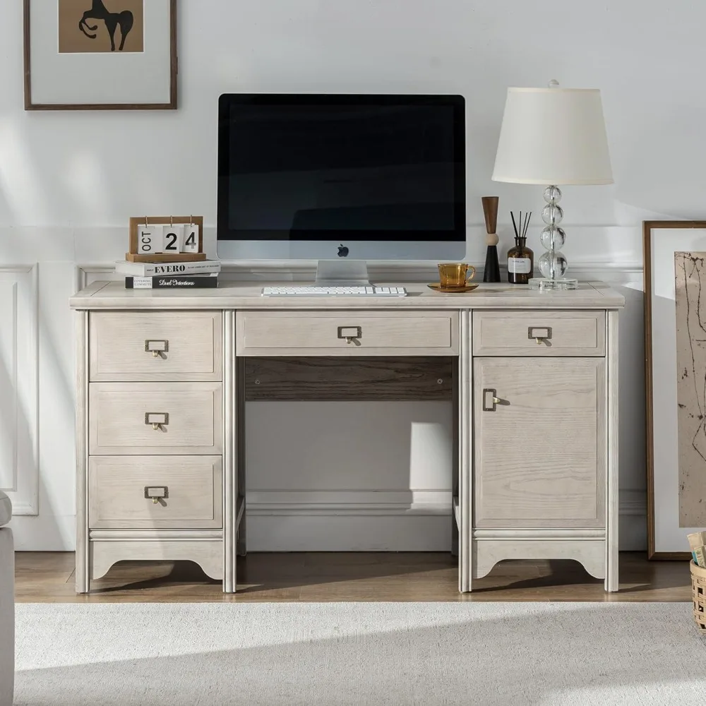 مكتب تنفيذي من الخشب الصلب مقاس 55 بوصة، مكتب كمبيوتر مكتبي للمزرعة مع 5 أدراج وخزانة تخزين، طاولة كتابة خشبية للمنزل