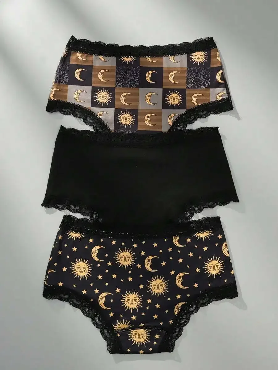 

3pcs Gothic Sun Moon Star Print Lace Trimmed Womens Briefs Comfortable Silky Panties