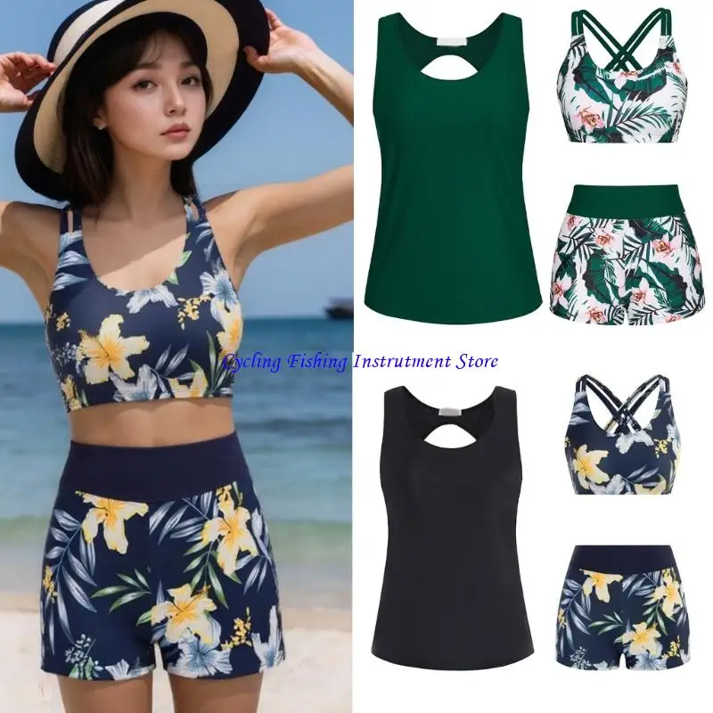 

G92F Women Push Up Swimwear Ladies Flowers Print Tankini Swimsuit 3 Pcs Bathing Suit