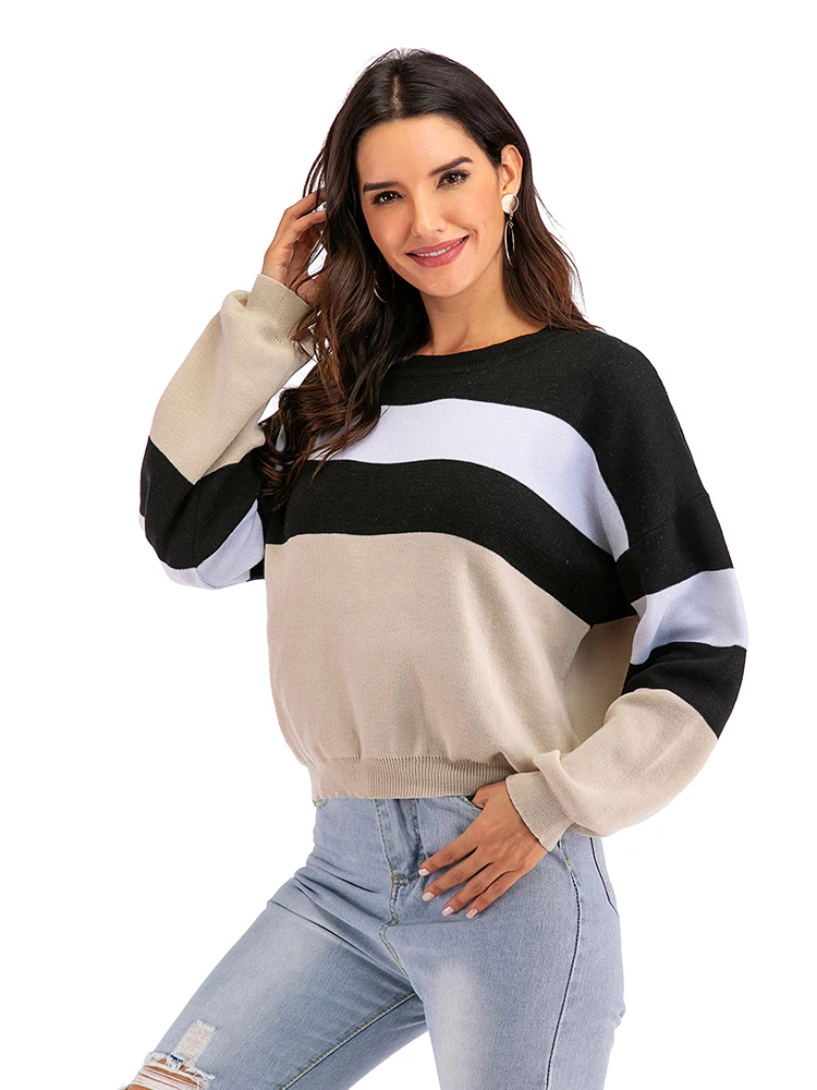 JIM & NORA Women\'s Retro Stripe Splicing Autumn Winter Design Sense Long Sleeved Fashion Round Neck Niche Simple Pullover Top