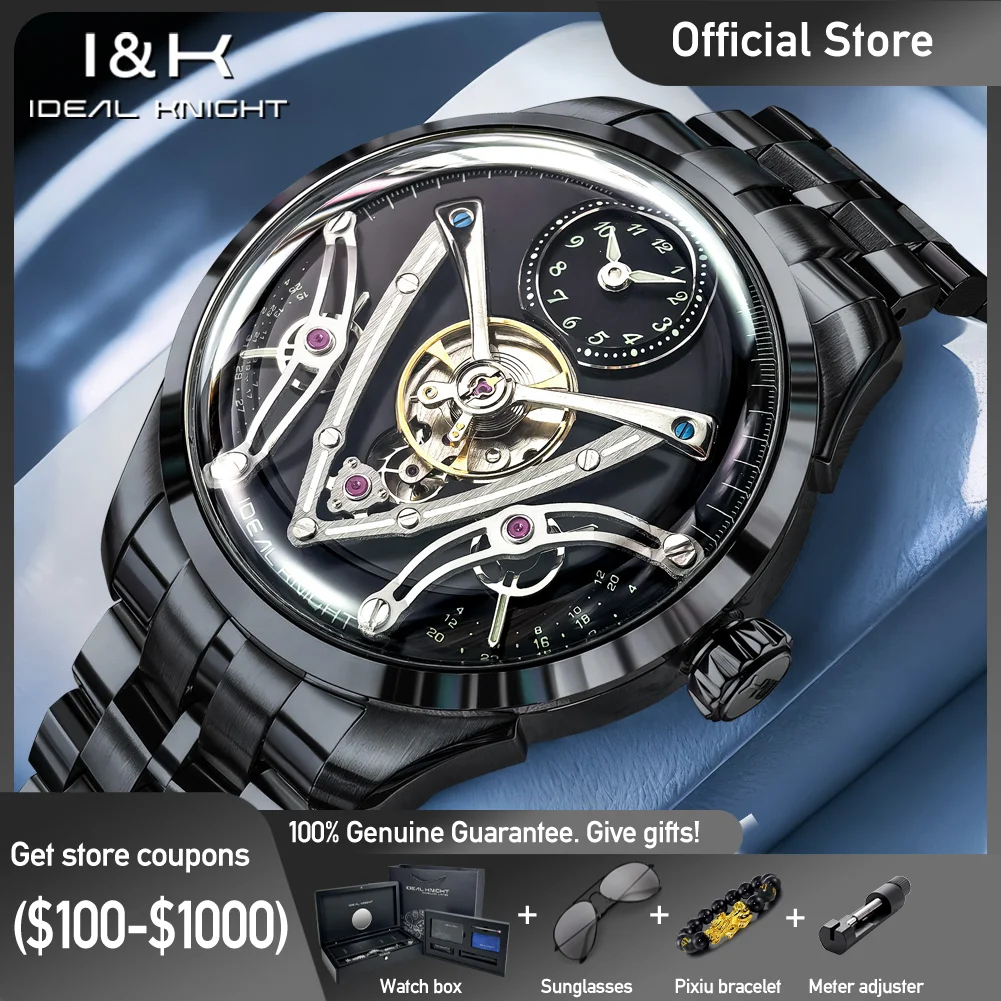 IDEAL KNIGHT 6821 Men Automatic Mechanical Movement Night Light Display V-shaped Dial Stainless Steel Brand Crown Watch For Men