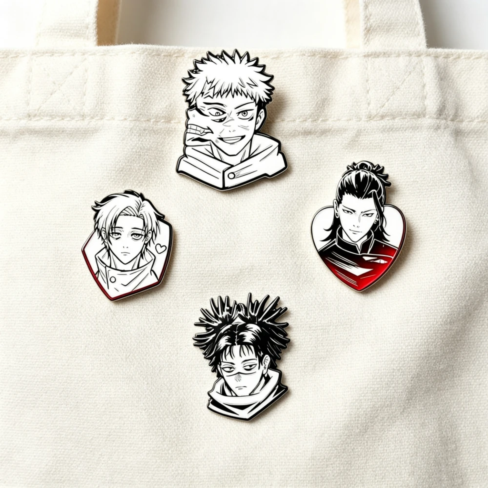 4Pcs Anime Black White Character Enamel Lapel Pins, Minimal Line Brooches, Accessories for Bags, Nice Gift for Pin Collectors