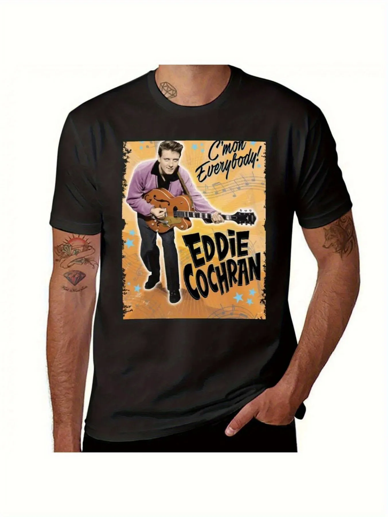 Men's Vintage Edison Cochran Rock T-Shirt-Destroyed Vintage Guitar Pattern and Signature Song Titles Printed Loose Fit Breathable T-Shirt Suitable for Concert