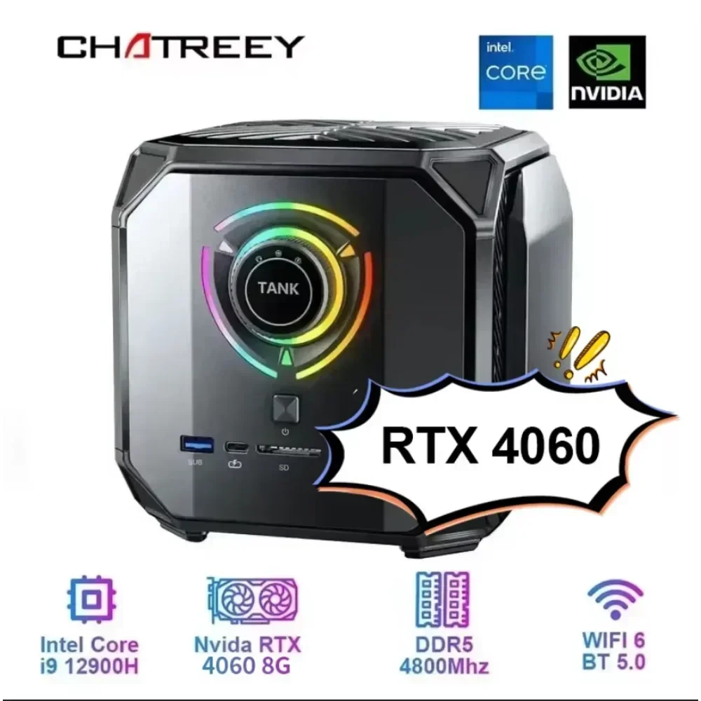 Chatreey TANK Mini PC Nvidia 4060 8G Intel Core I9 12900H Gaming Desktop Computer PCIE 4.0 Wifi 6 BT5.0