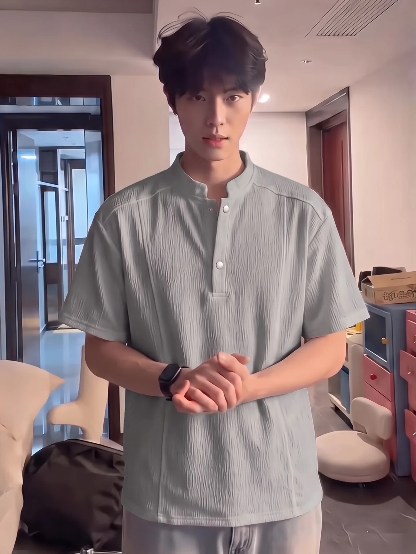Cleanfit White Henry Collar Short Sleeve  Shirt Men's Summer Treebark Texture T-Shirt Semi-sleeve Fashionable Youthwear