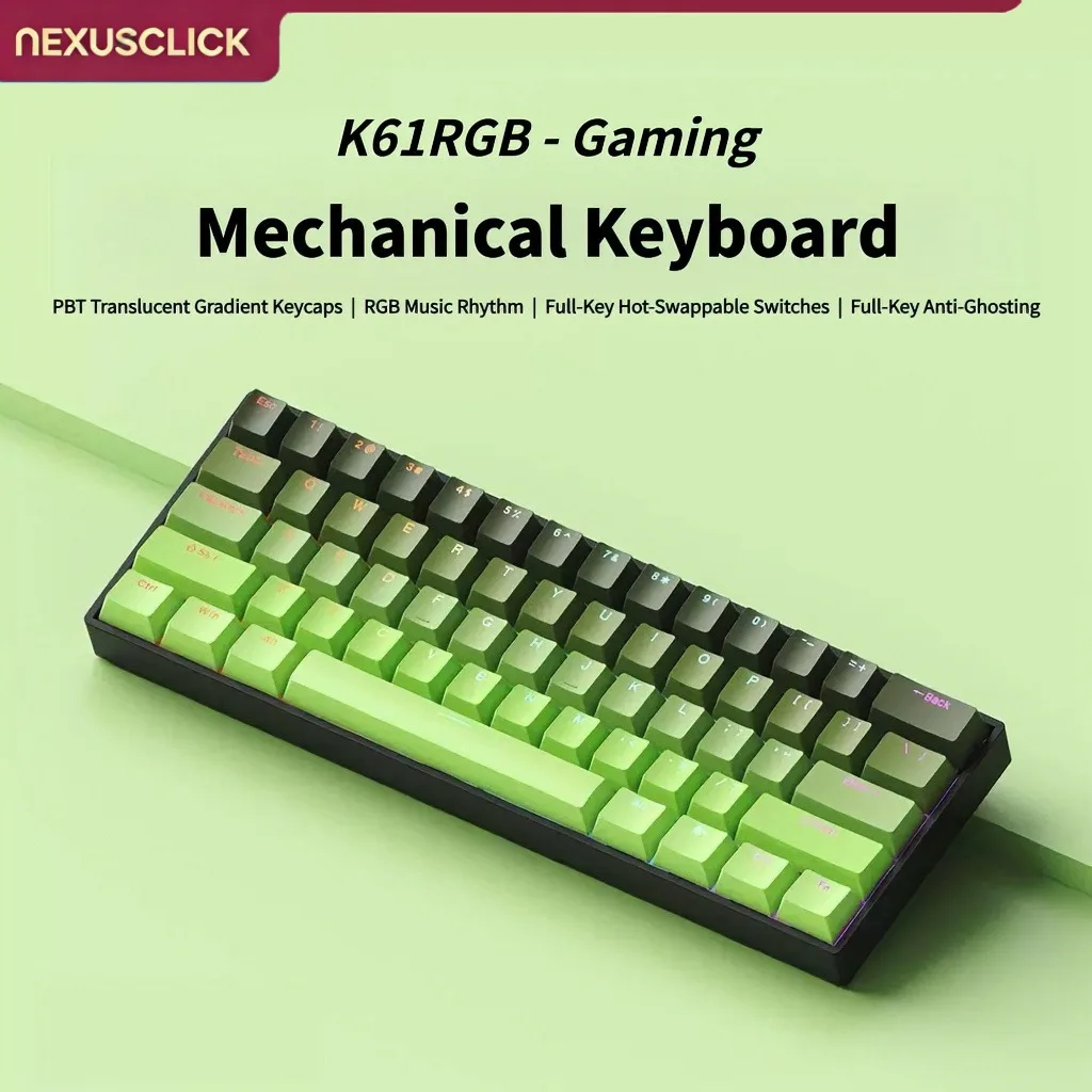NexusClick K61 Brown Switch Gaming Keyboard, Mechanical Wired for Pro Esports,Hot Swappable RGB Backlit PBT Keycaps for PC Gamer