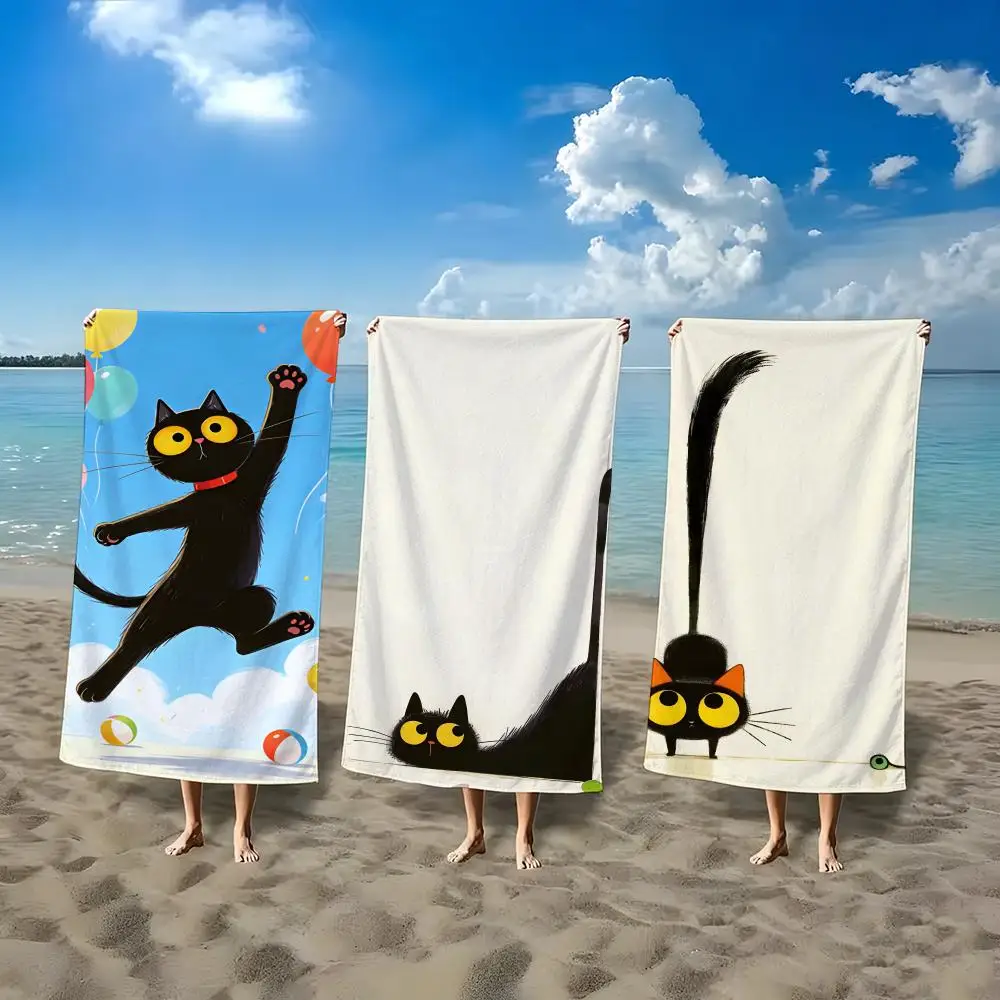 Retro Cute Black cat illustration Towel ultra-fine fiber quick drying absorbent bath towel, outdoor swimming sports towel