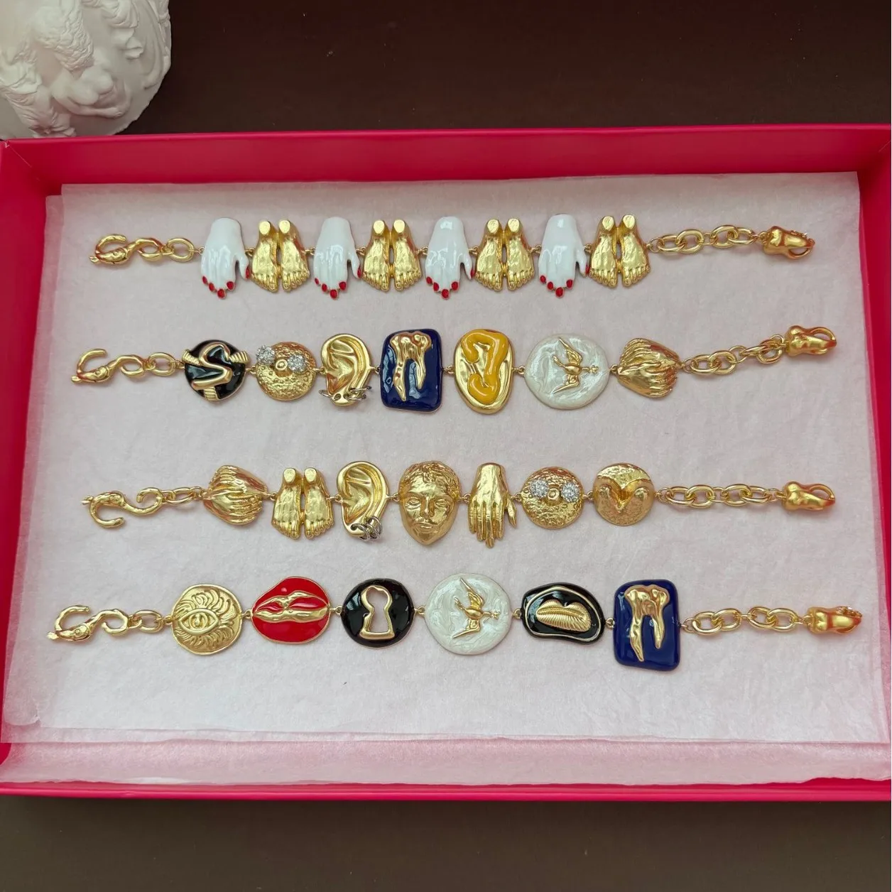Vintage Enamel Facial Features Brass Bracelet, Dopamine Colorful Chunky Buttons Jewelry for Women