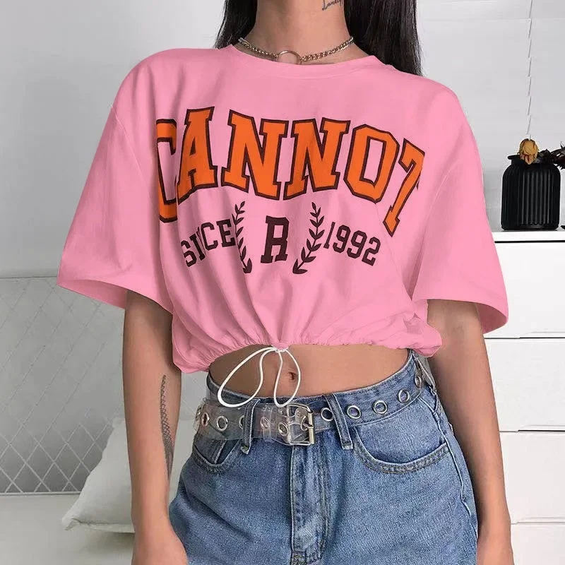 Preppy Style Letter Printed Crop Tops Women Summer Y2k Drawstring Street Fashion Short Sleeve T-shirts 2024 Indie Casual Tops