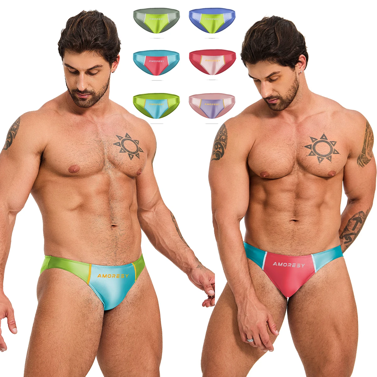AMORESY Men Sexy Glitter Spandex Elastic Low Waist Patchwork Swimming Trunks Breathable Comfortable Quick-dry Sports Underpants