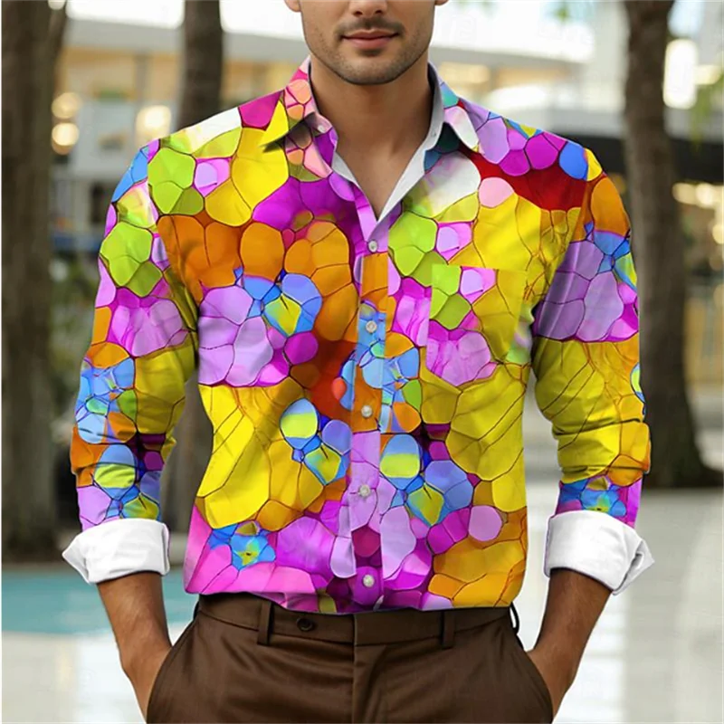 

Colorful Geometric Pattern Hawaiian Shirts For Men Flames Flower 3D Printed Blouse Loose Long Sleeve Lapel Tops Aloha Shirts