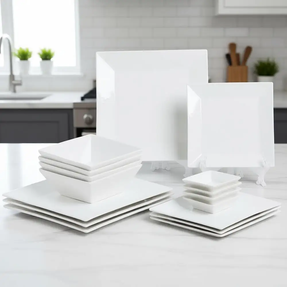 

Набор элегантной квадратной посуды из 16 предметов: тарелки, десертные тарелки, салатники и соусники белого цвета