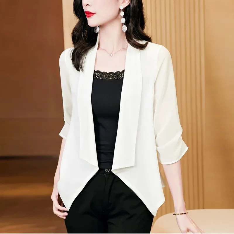 2024 Spring/Summer New Irregular 3/4 Sleeves Thin Sun Protection Clothing Women\'s Fashion Chiffon Air Conditioning Shirt Shawl