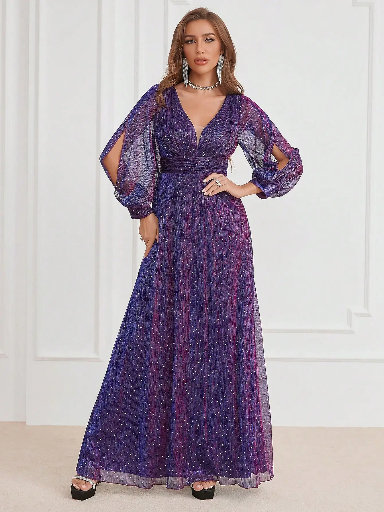 Unithorse Lantern Sleeve Sequin Decor Floor Length Formal Dress