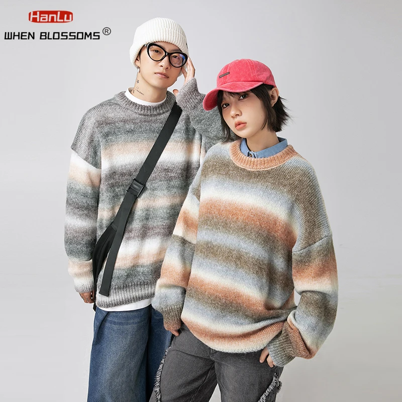 Mens/Womens Autumn Winter Warm Sweater Harajuku Gradient Striped Jumpers Oversized Pullover Knitwear Tops Fashion Couple Coats