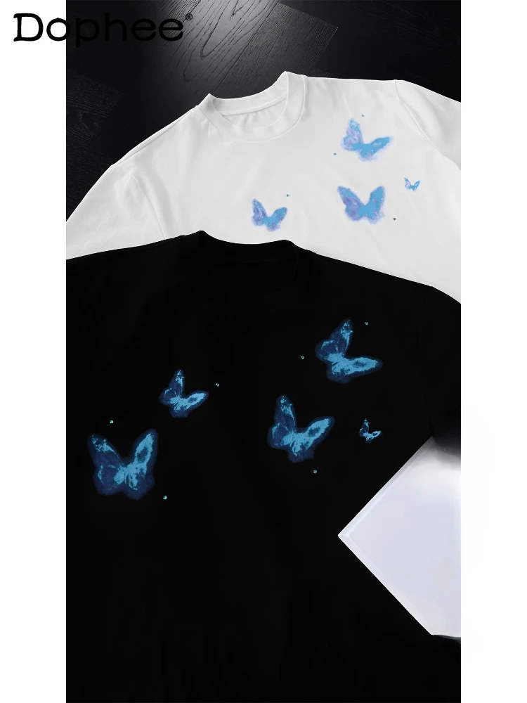 

Men's 2025 Summer New Niche Design Tees Male Chic Butterfly Print Short-sleeve T-shirts Men's Loose Versatile Couple Trendy Tops
