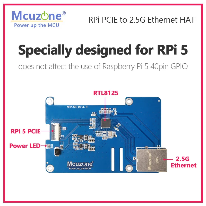 MP2.5G Raspberry Pi 5 PCIE a 2.5G Ethernet HAT,RTL8125,RPi OS senza driver