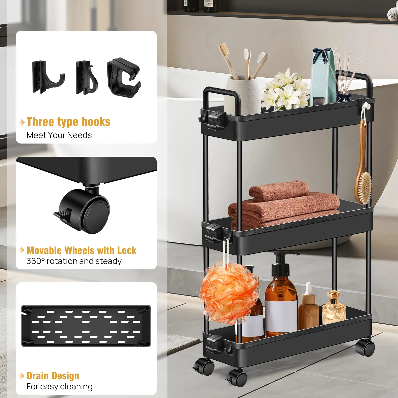 360 °   عربة تخزين متنقلة بعجلات دوارة، إطار فولاذي من 3 طبقات مع خطافات للمساحات الضيقة وغرفة نوم المطبخ والحمام