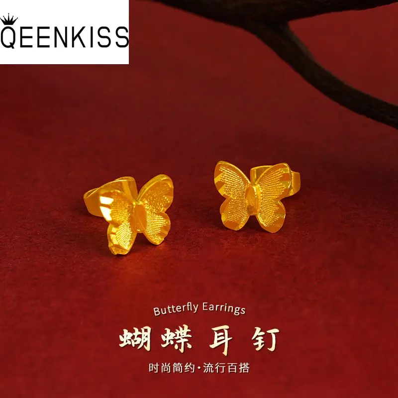 QEENKISS 24KT Gold Butterfly Stud Earrings For Women Fine Wholesale Jewelry Wedding Party Bride Ladies Girl Mother Gift EG5442