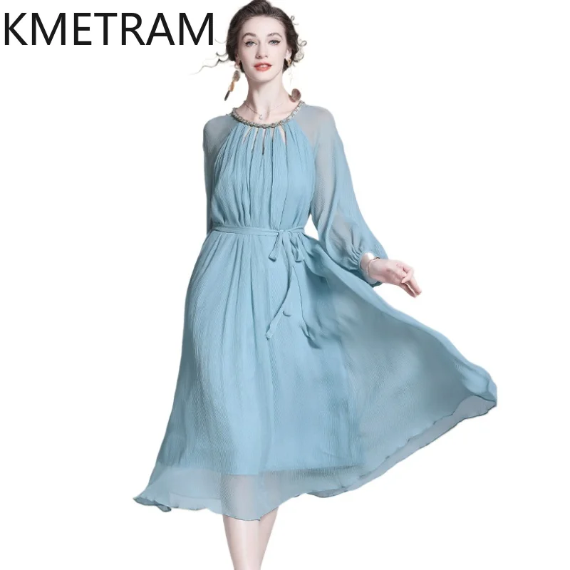 

KMETRAM 100% натуральные шелковые длинные платья из тутового шелкопряда для женщин, высококачественные вечерние платья, летние наряды, женская одежда 2026 Vestidos