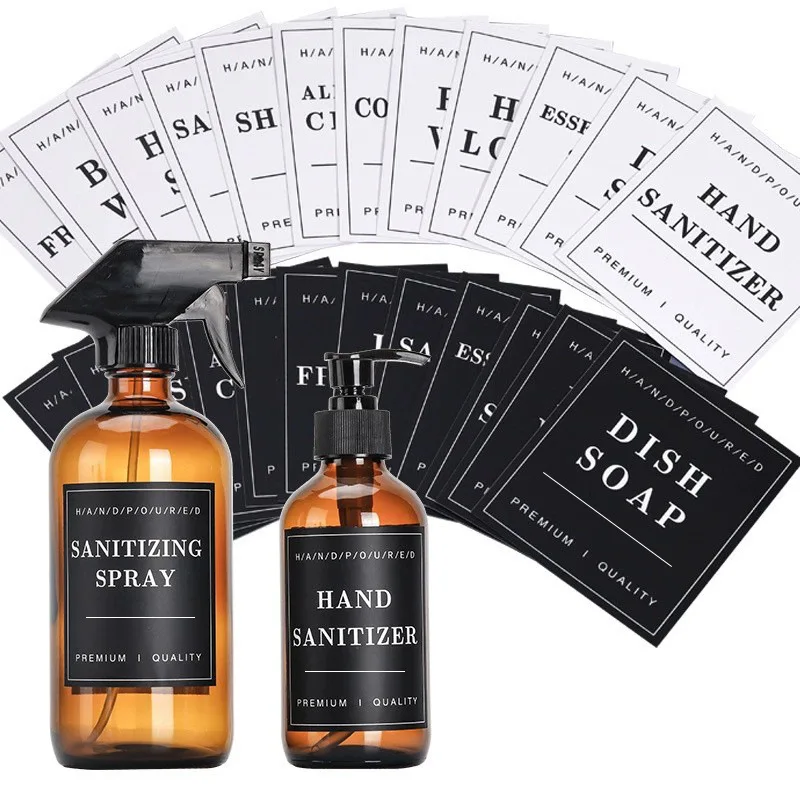 12pcs Minimalist Black Bathroom Jar Storage Label Hand Soap Glass Bottle Soap Dispenser Waterproof Adhesive Sticker