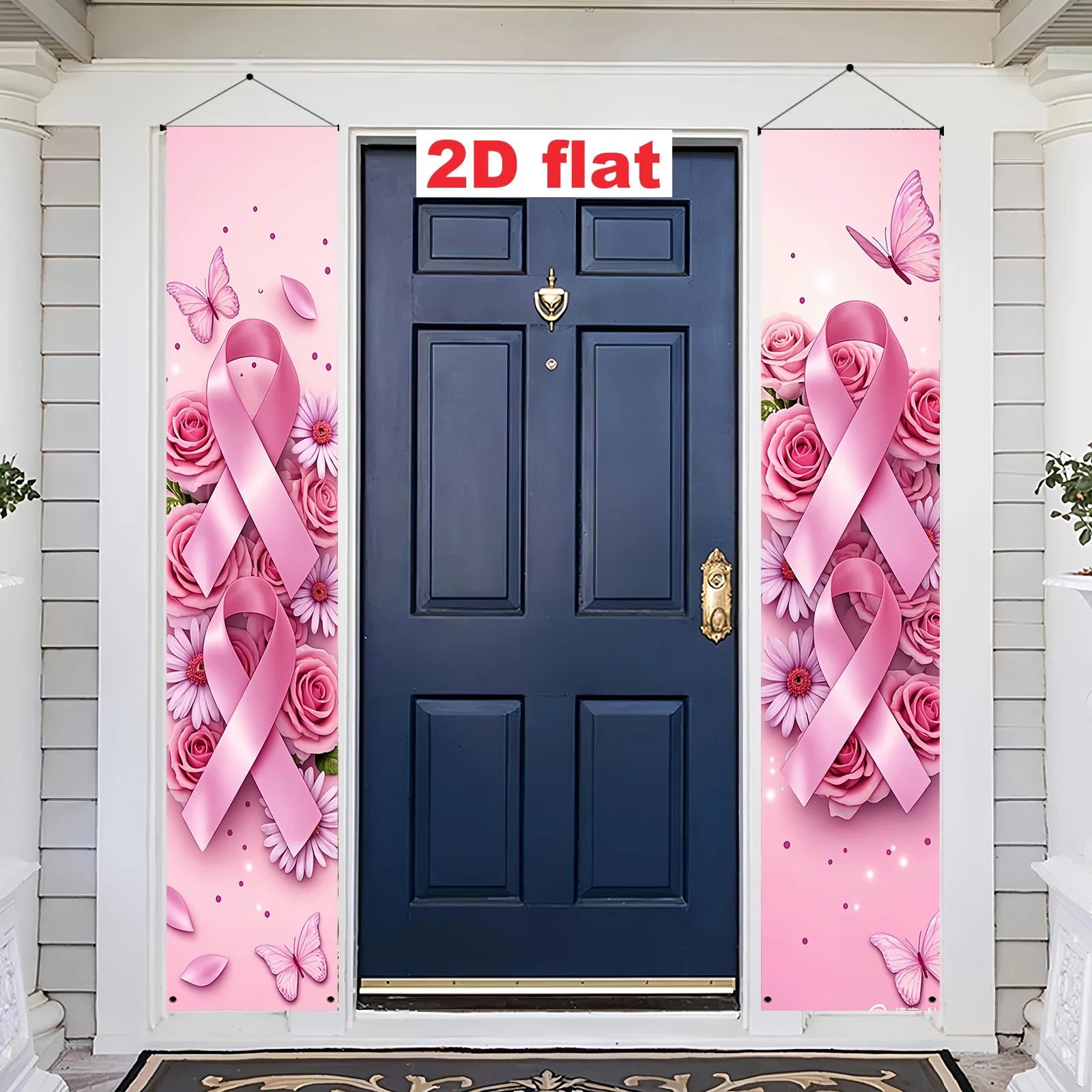 2Pcs 2D Flat Pink Ribbon Breast Cancer Awareness Door Couplet Banner Women Charity Indoor Outdoor Porch Decor Easy Install view 6