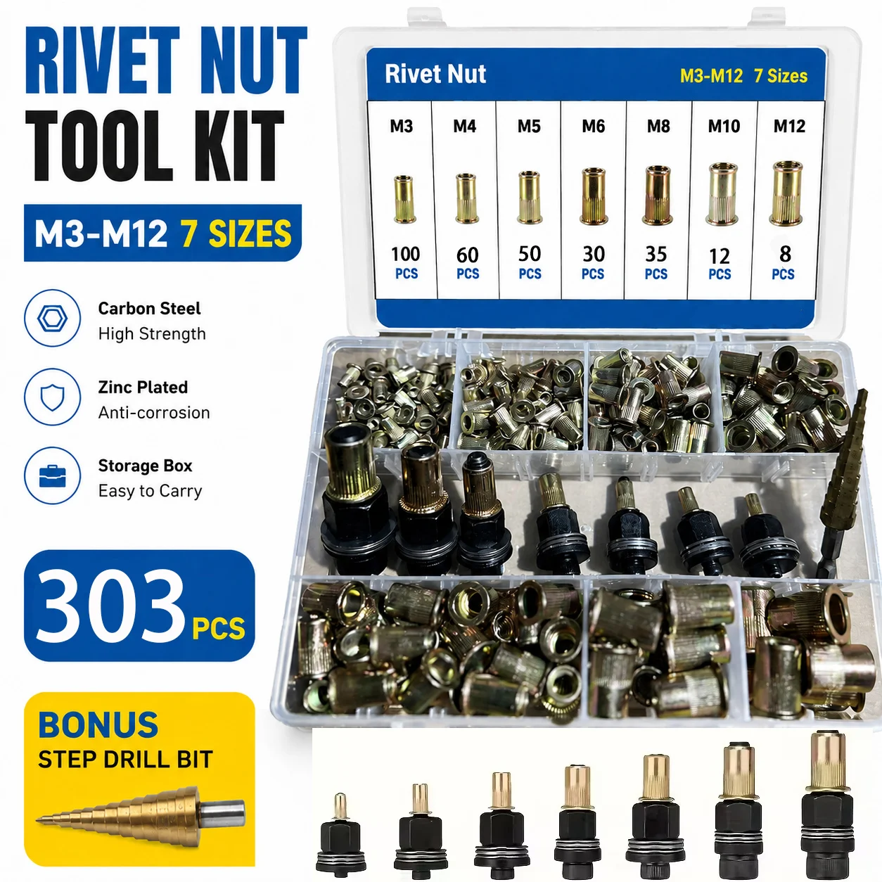 304pcs Rivet Nut And Manual Tool Set, Metric Rivet Nut Assortment (M3-M12), for Furniture, Decor, Automotive, Marine And Industr
