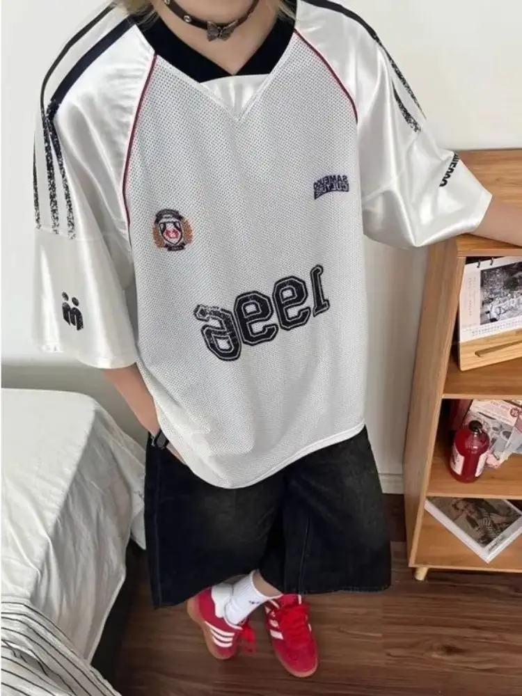 

Women Y2k Letter Graphic Sports Patchwork Tees White Jersey Streetwear Hip Hop Short Sleeve Tops Vintage Oversized Mesh T-shirts