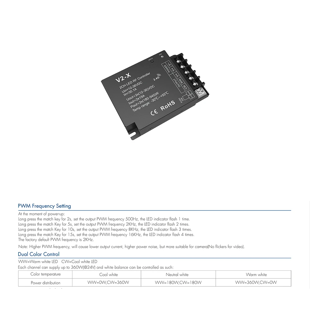 Skydance V2-X DC12-36V 2.4GHzRF+Push Dim PWM 0-100% CCT Dual Color LED Dimming Controller For Color Temperature LED Strip Light