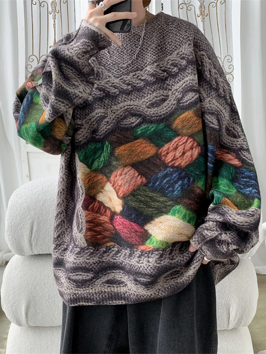 

Loose Fit Men's Knitted Sweater Jaet round Ne Printed Soft Polyester Nylon Blend Autumn Winter Casual Faion Knitwear