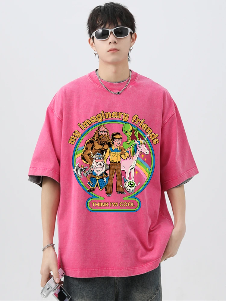 

My Imaginary Friends Think I'M Cool Washed Retro T-Shirts Men Breathable Tees Soft Cotton Tshirt Hip Hop Loose Oversized T-Shirt