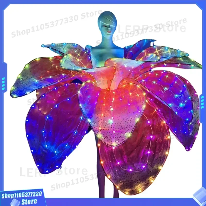 Modern Full Color LED Petal Dress Long Swing Dance Gown Colorful Flower Ballroom Performance Wear for Women Stage Show