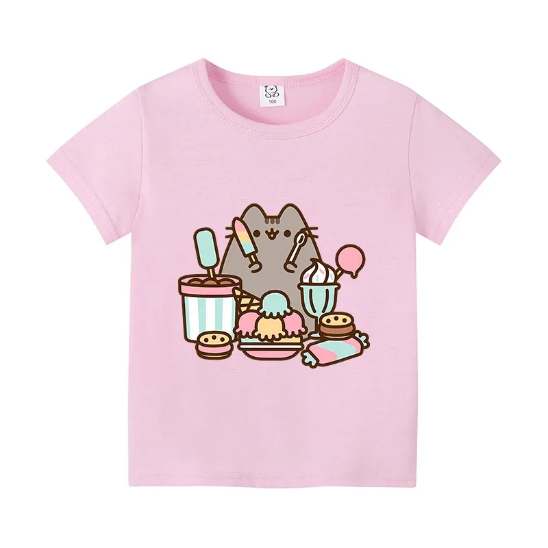 Pusheen-Camiseta de algodón de dibujos animados Kawaii para niños, Top de moda de manga corta, película, ropa suelta, regalo para niños y niñas