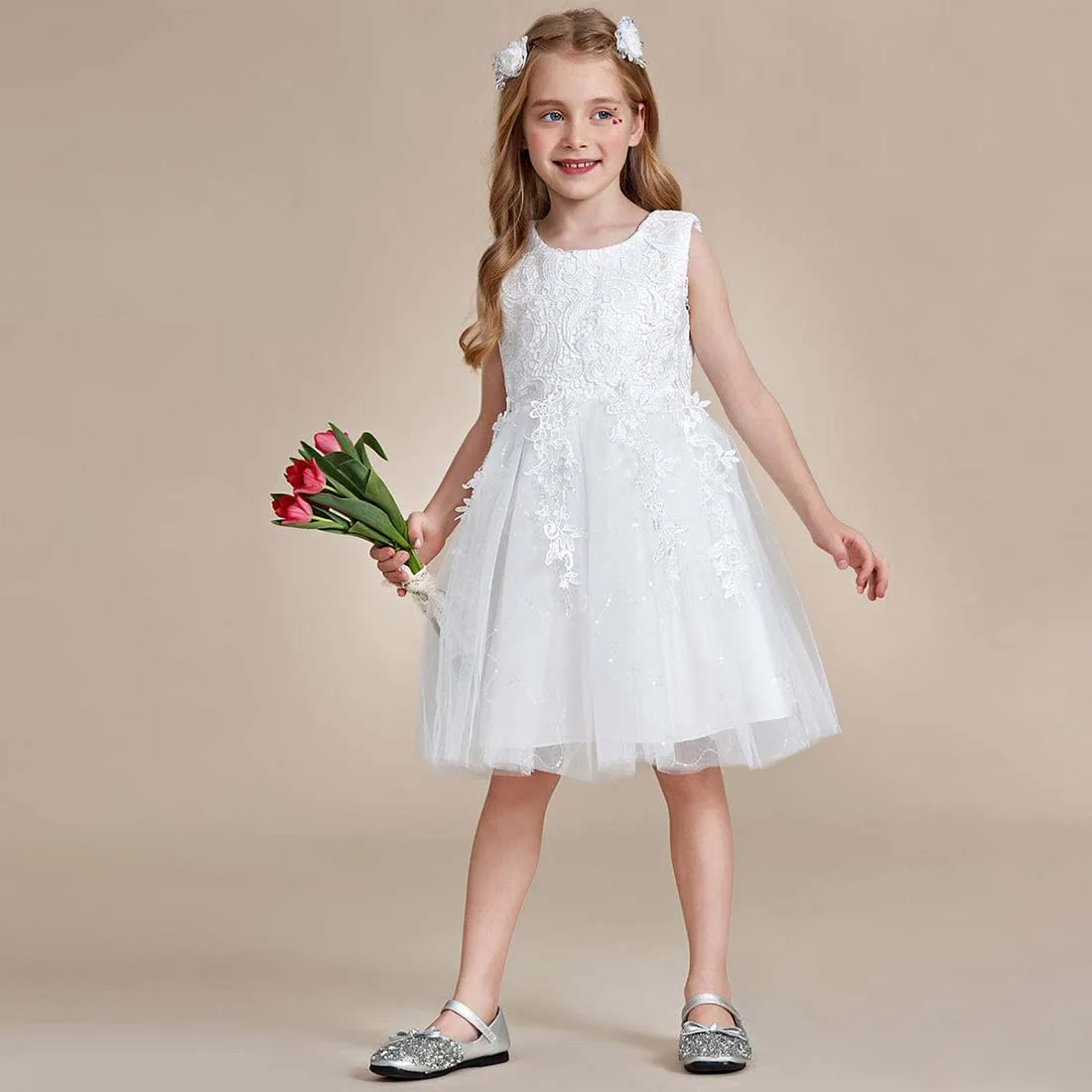 YZYmanualroom vestido elegante de encaje bordado para niña de flores, línea A, con lazo y sin mangas, 2-15T