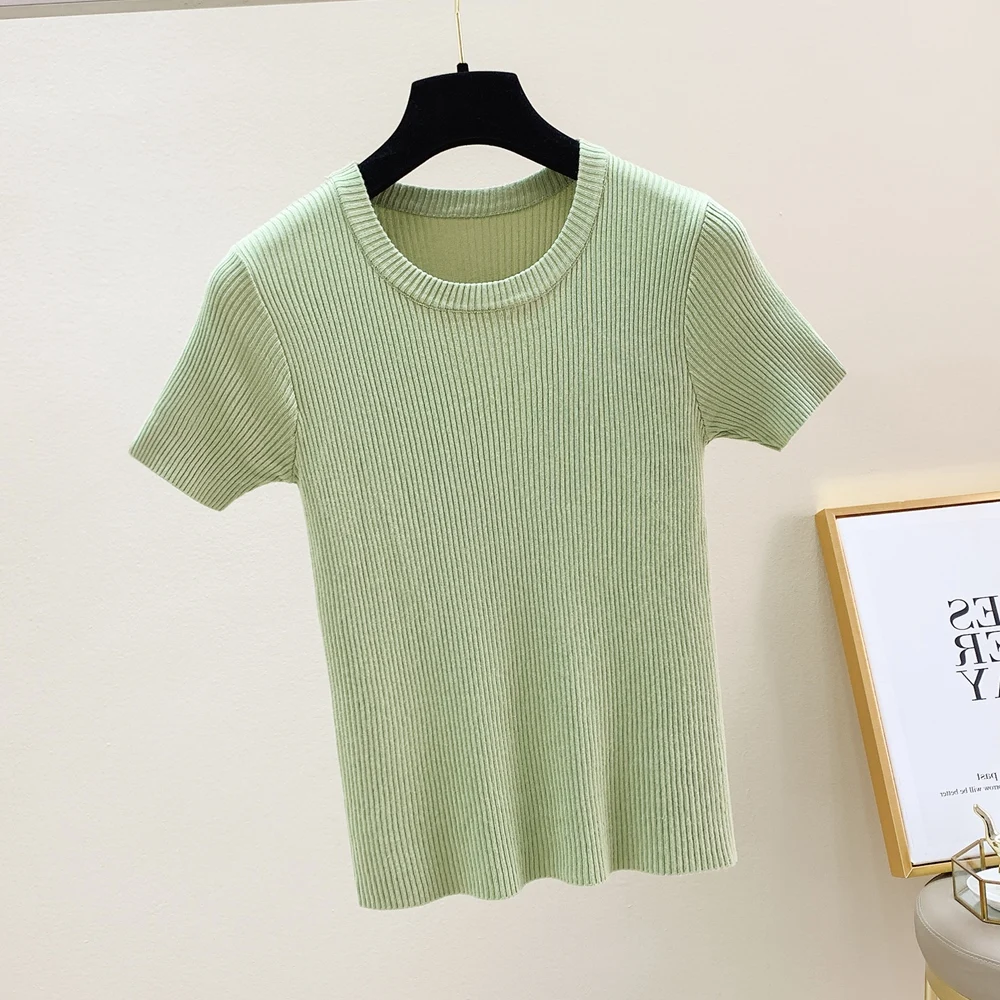 Women\'s Ribbed Knit Top Short Sleeve Basic Fitted Sweater Shirt Teengirl Spring Summer Outfit