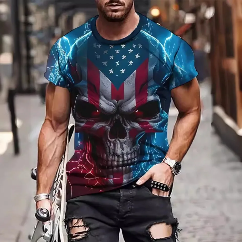 

2025 European and American trendy men's clothing 3D digital printing skull pattern loose round neck casual T-shirt for men