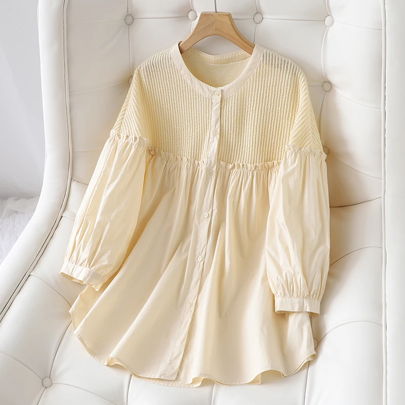 

Cherry Blossom Pink irt Women's Summer New Sle Age Reduction Small irt Bubble Sve Top round Ne Button Detail