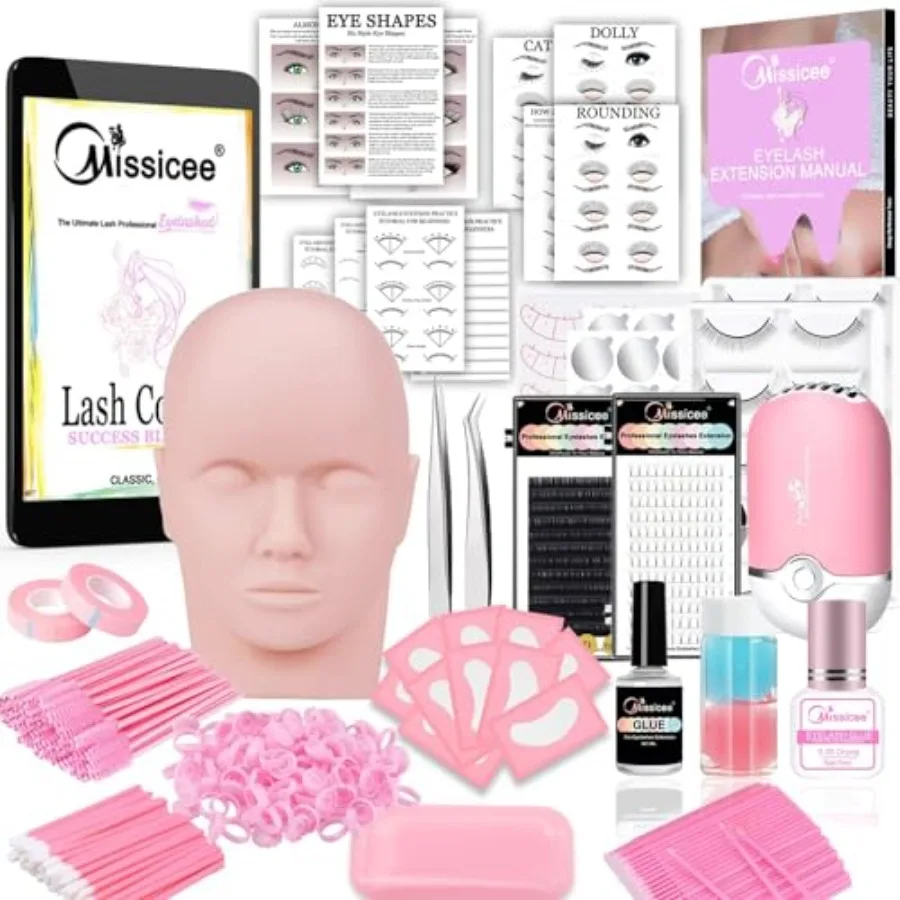 

Professional Mannequin Head Eyelash Extension Kit for Beginners with Individual Lashes Glue Tweezers Lash Fan Dryer Ideal Train