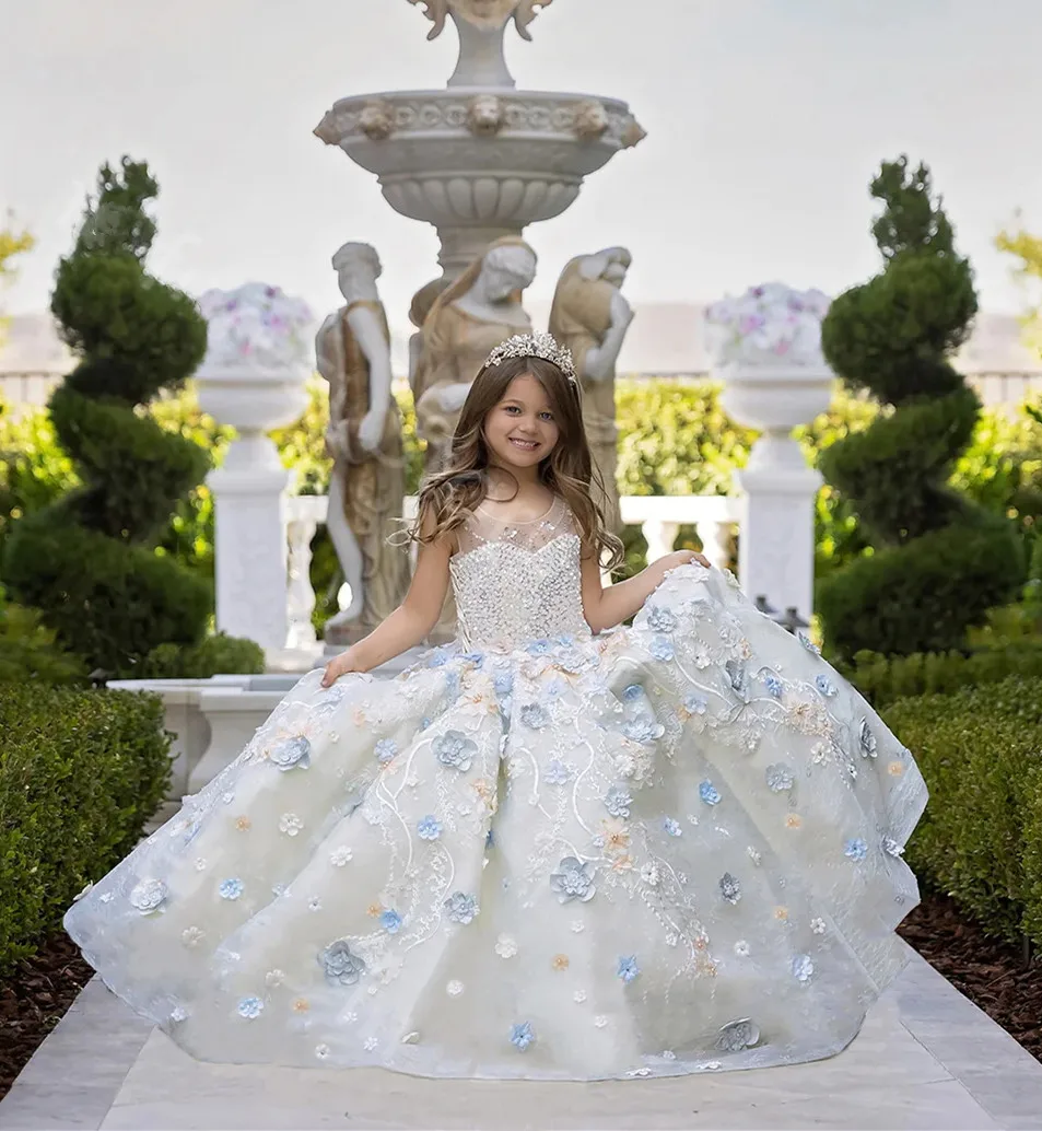 Vestido de flores de lujo para niña, lentejuelas, apliques 3d, vestido de fiesta de cumpleaños esponjoso, cuello transparente, vestido de baile de encaje para boda, primera comunión