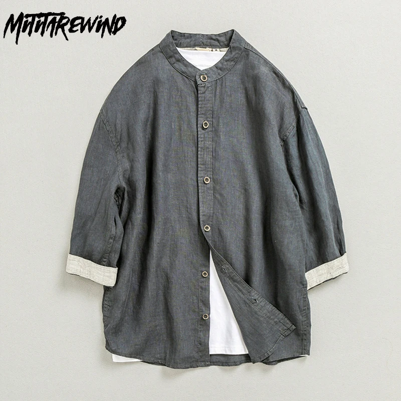 

Breathable 100% Linen Shirt Man Summer Harajuku Vintage Shirt Men Stand Collar Three Quarter Shirt Daily Loose Causal Shirts