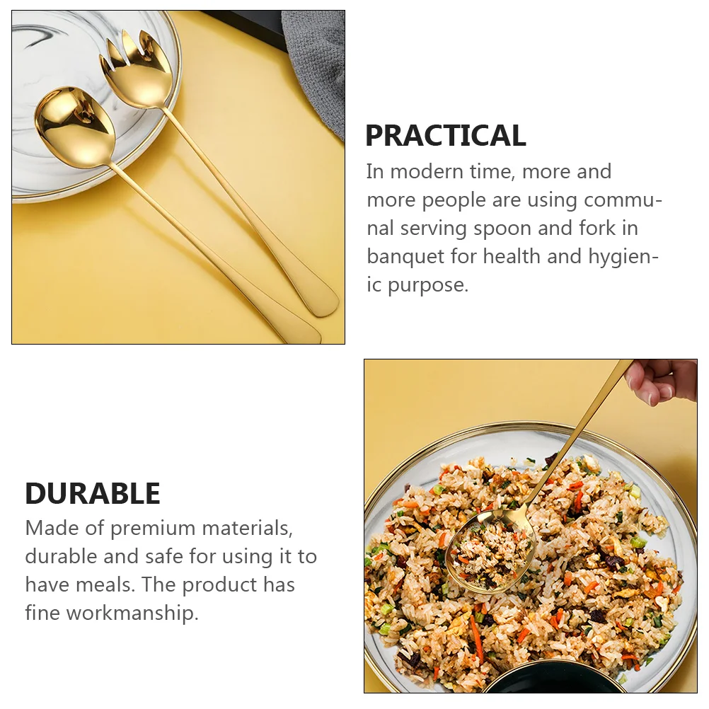 

2pcs Stainless Steel Public Spoon Fork Set Golden For Rice Soup Serving Multi-Functional Food Scoop Salad Server Home Flatware