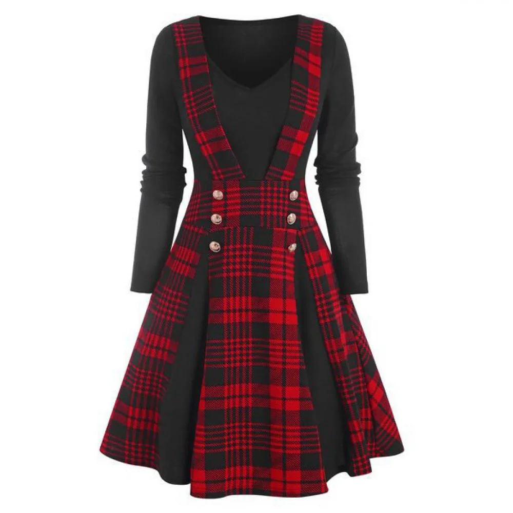 Steampunk Retro Women Dress Gothic Plaid Printed Dress V-neck Long Sleeves Vestidos Autumn Winter Fake Two-pieces Party Dress