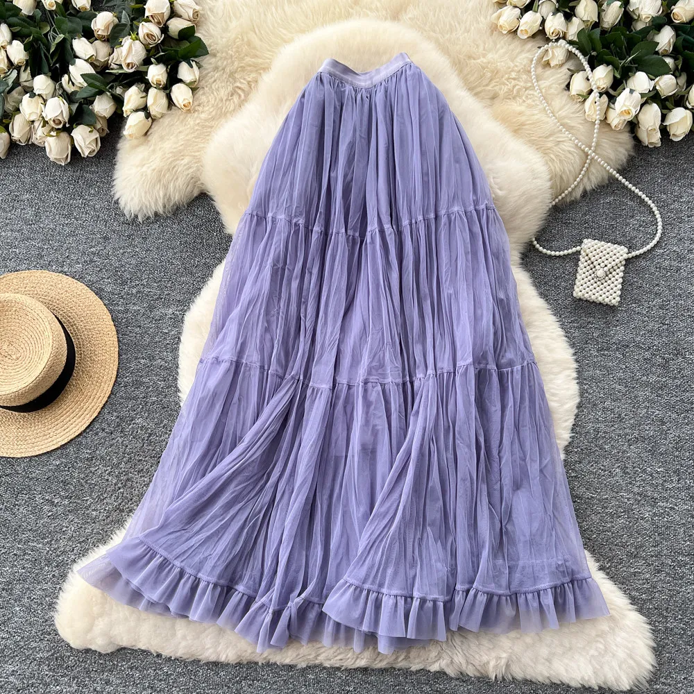 

Women Summer Skirt Mesh Tulle Skirt Fashion Solid Color Splicing A-line Dance Evening Party Wedding Long Skirt